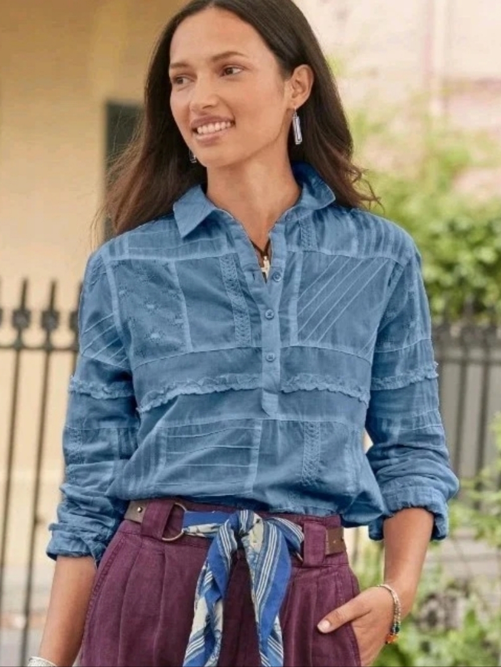 Dylan Sundance Blue Stone Patchwork Button Down Longsleeve Shirt Size Medium